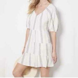 Evereve White Dress with Gray Vertical Stripes